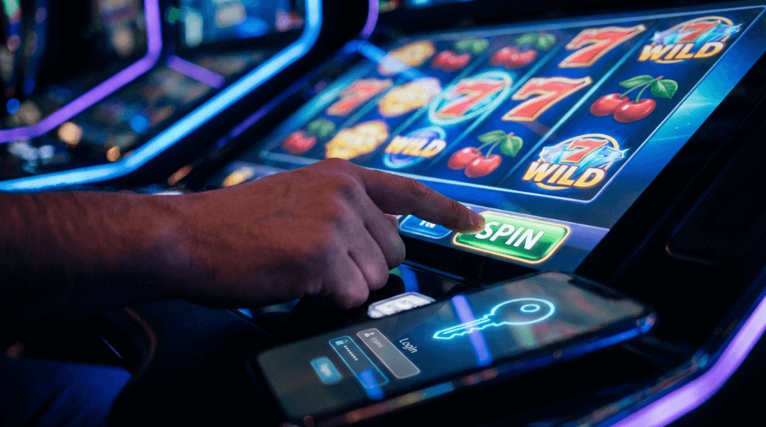 Tangan pemain dengan percaya diri menekan tombol spin di mesin slot yang bersinar, dengan smartphone yang menampilkan layar login aman.