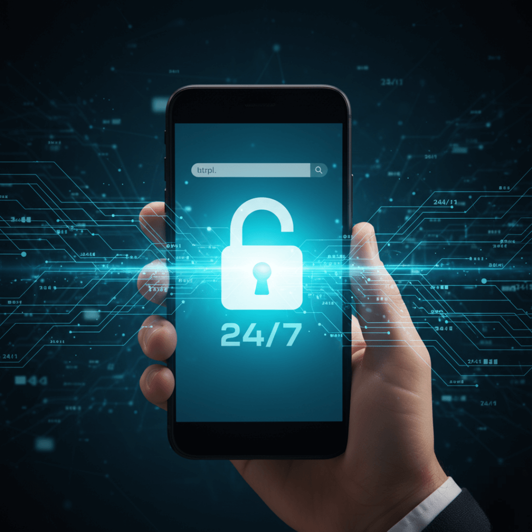 Smartphone menampilkan link alternatif aman dengan simbol gembok dan overlay 24/7 di latar belakang jaringan digital.