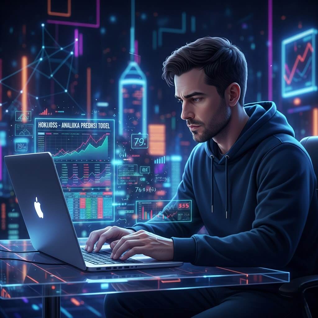 Pemain togel online Hokijoss menganalisis angka menggunakan laptop dengan grafik dan tabel data digital