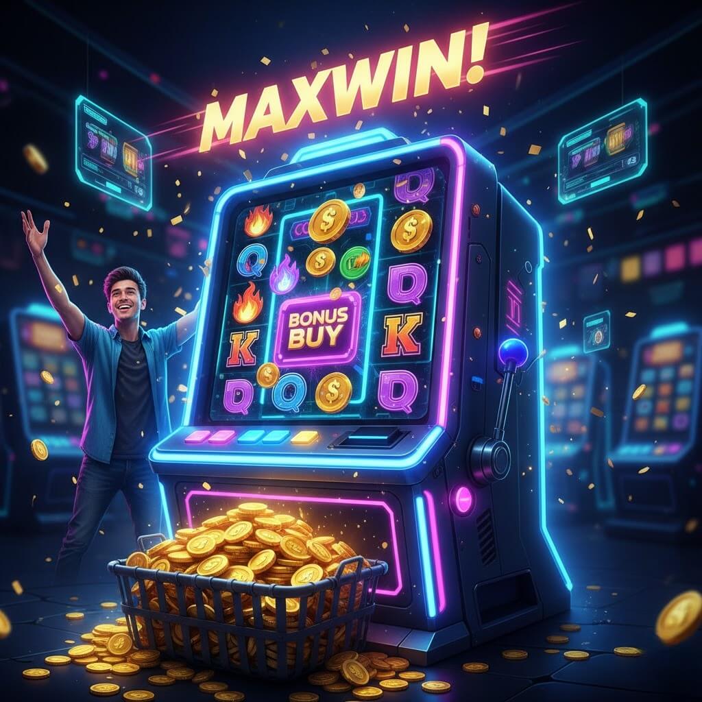 Mesin slot digital modern dengan simbol bonus dan koin emas, pemain tersenyum merayakan kemenangan Maxwin, cahaya warna-warni, tema futuristik dan menyenangkan